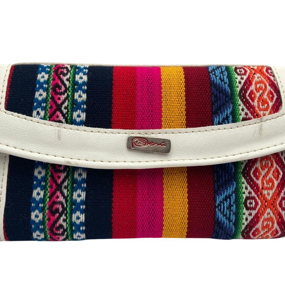 Handmade PERU Souvenir Women's Textile Fabric Faux Leather Trifold Long Wallet